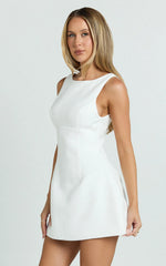 Boucle Boat Neck V Back Fit and Flare Dress in White