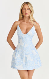 Plunge A Line Low Back Dress in Light Blue