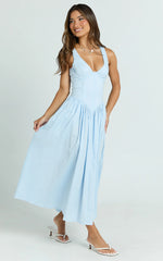 Scoop Neck Drop V Waist Gathered Skirt Dress in Blue