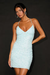 Keep Glowing Mint Blue Sequin Lace-Up Bodycon Mini Dress