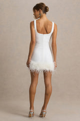 Rosalinda | White Sequin Square-Neck Mini Dress With Feather Trim