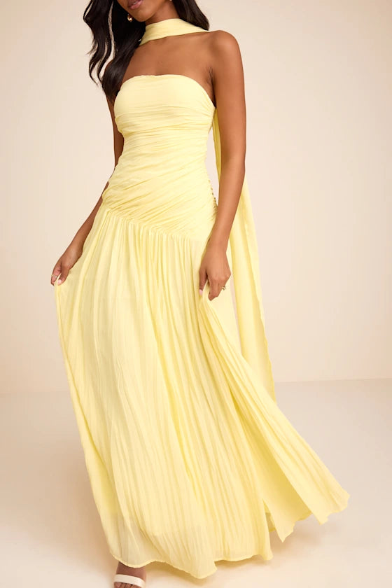 Nellie Light Yellow Pleated Maxi Dress and Scarf Set