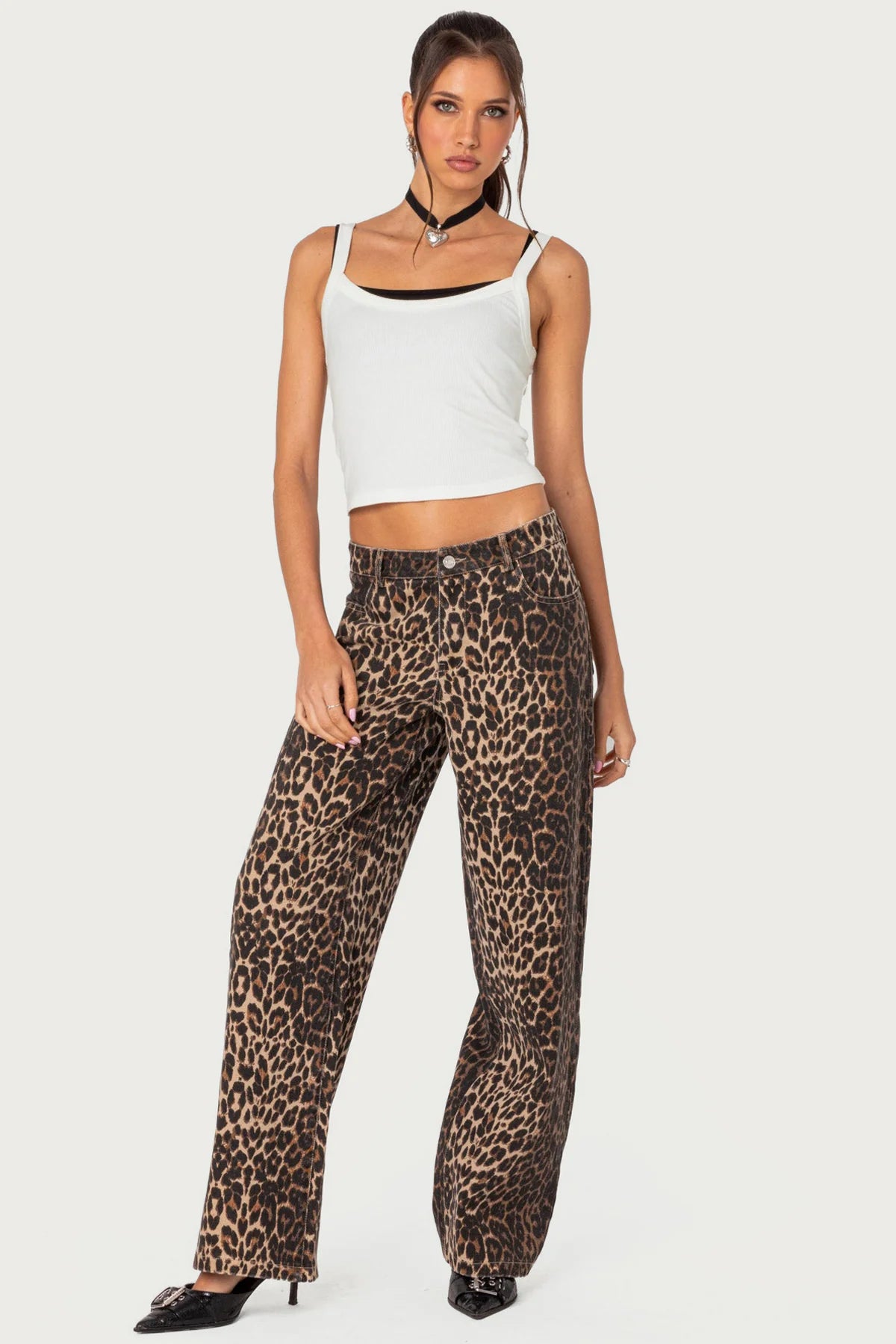 Leopard Printed Low Rise Baggy Jeans