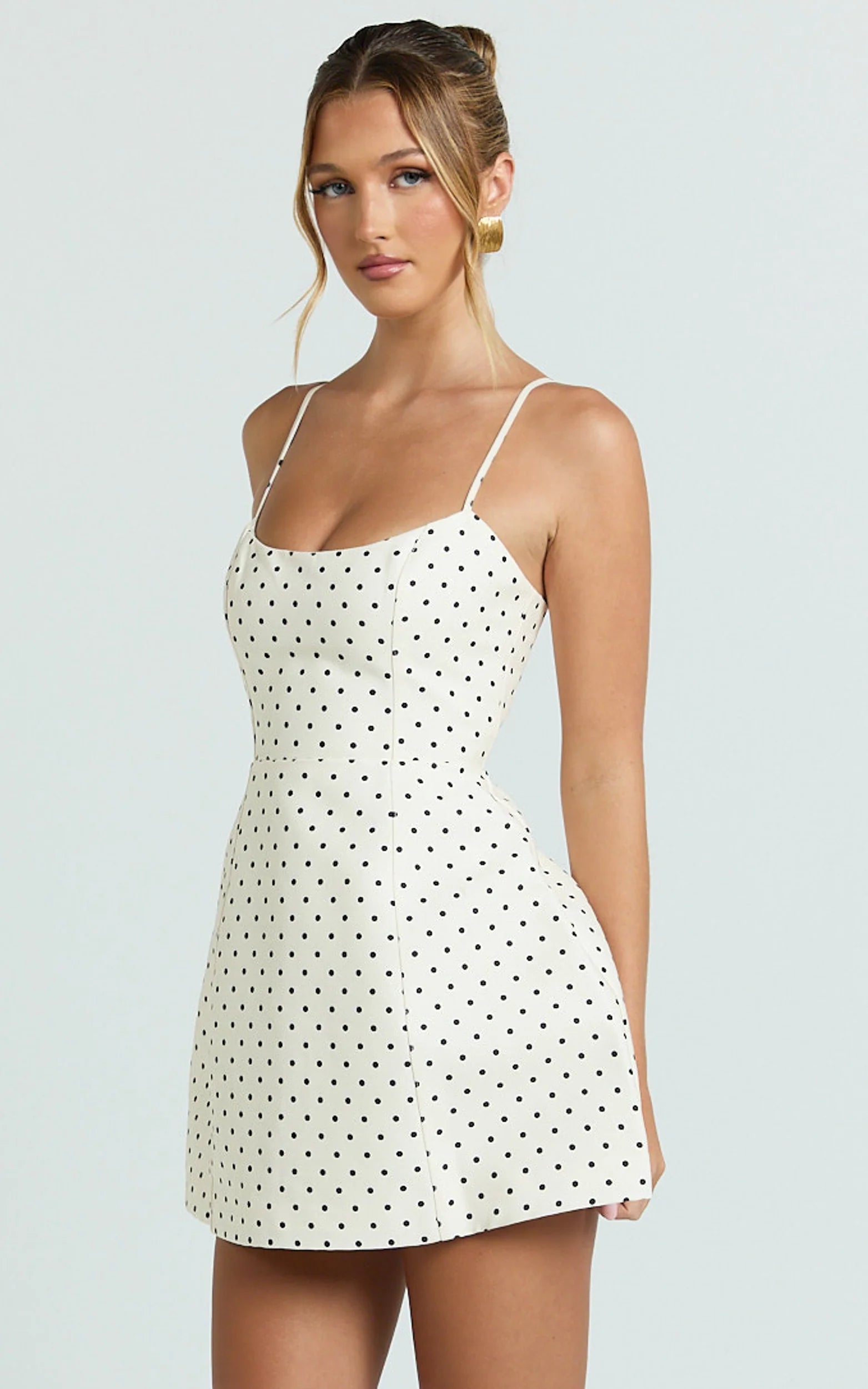 Scoop Neck Panel Bodice Dress in White Polka Dot