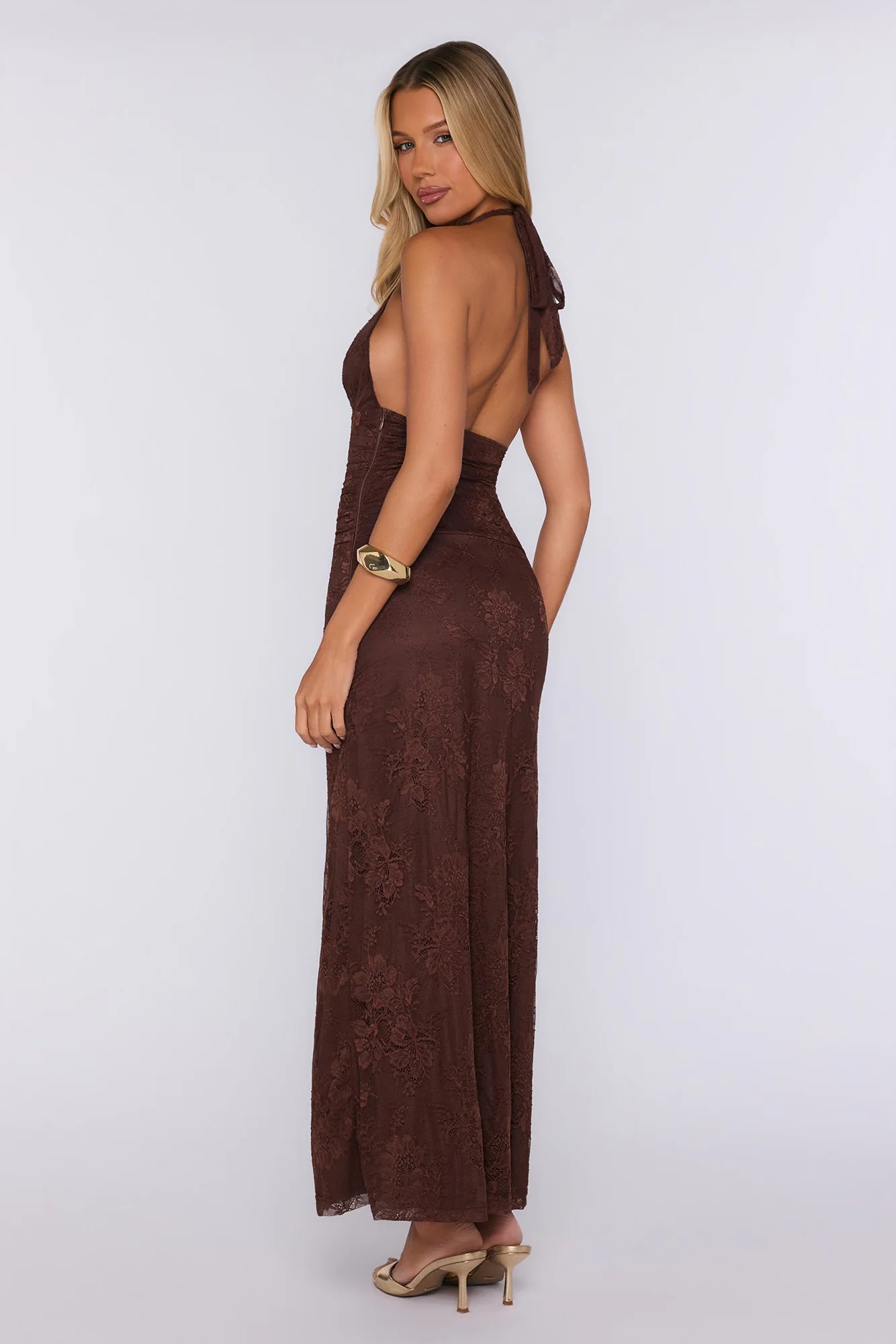 Consider It Done Lace Halter Maxi Dress Brown
