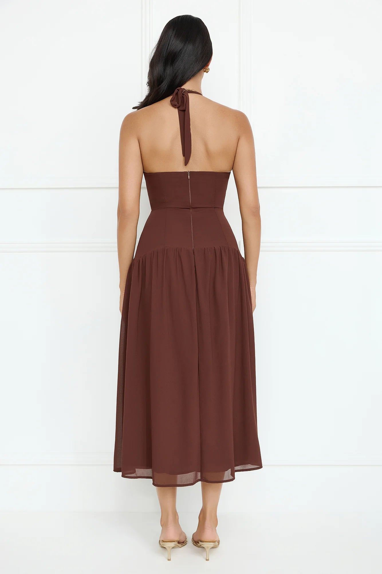 Sassy Style Halter Midi Dress Brown