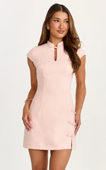 Mandarin Collar Leg Split Bodycon Dress in Pink