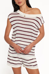 Janie Knitted Short Set - White Plum Stripe