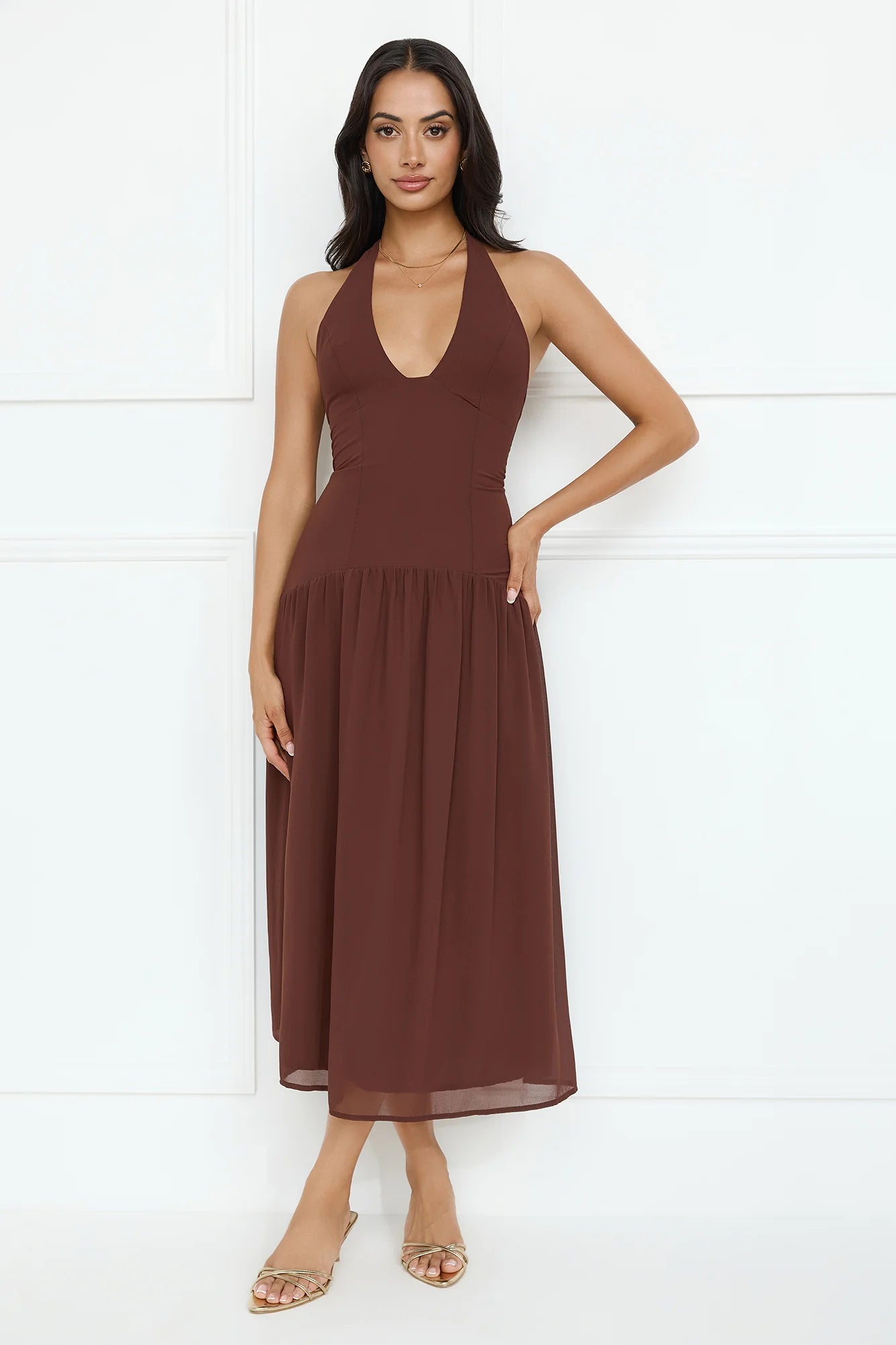 Sassy Style Halter Midi Dress Brown