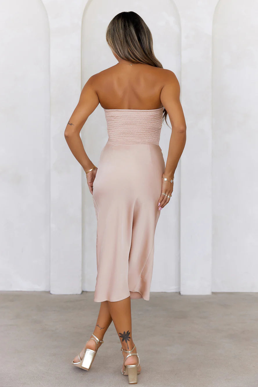 Infinite Love Strapless Satin Midi Dress Champagne