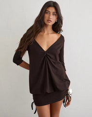 Sundari Quarter Sleeve Mini Dress in Rayon Jersey Chocolate Brown