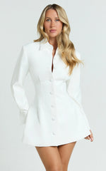 Button Front Pleat Waist Tulip Skirt Shirtdress in White