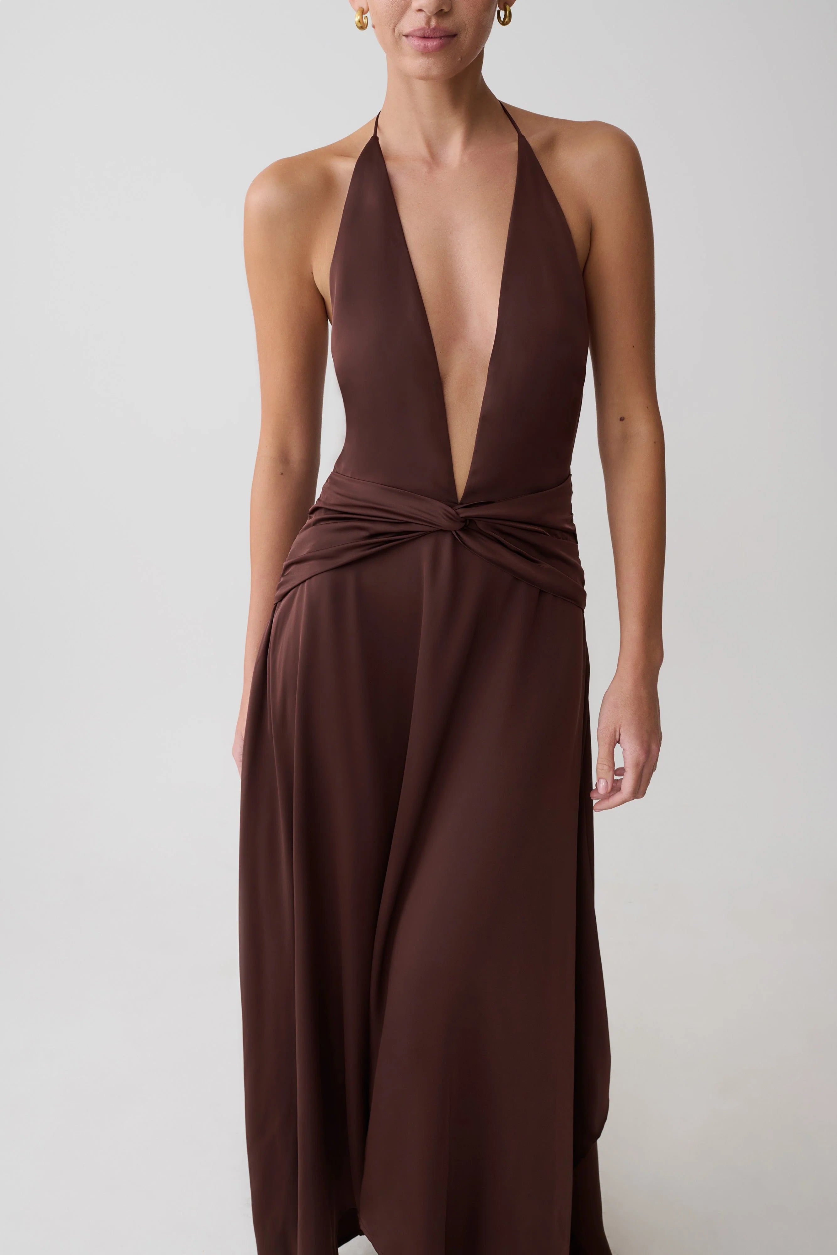 Cyra Plunge Satin Midi Dress - Dark Chocolate