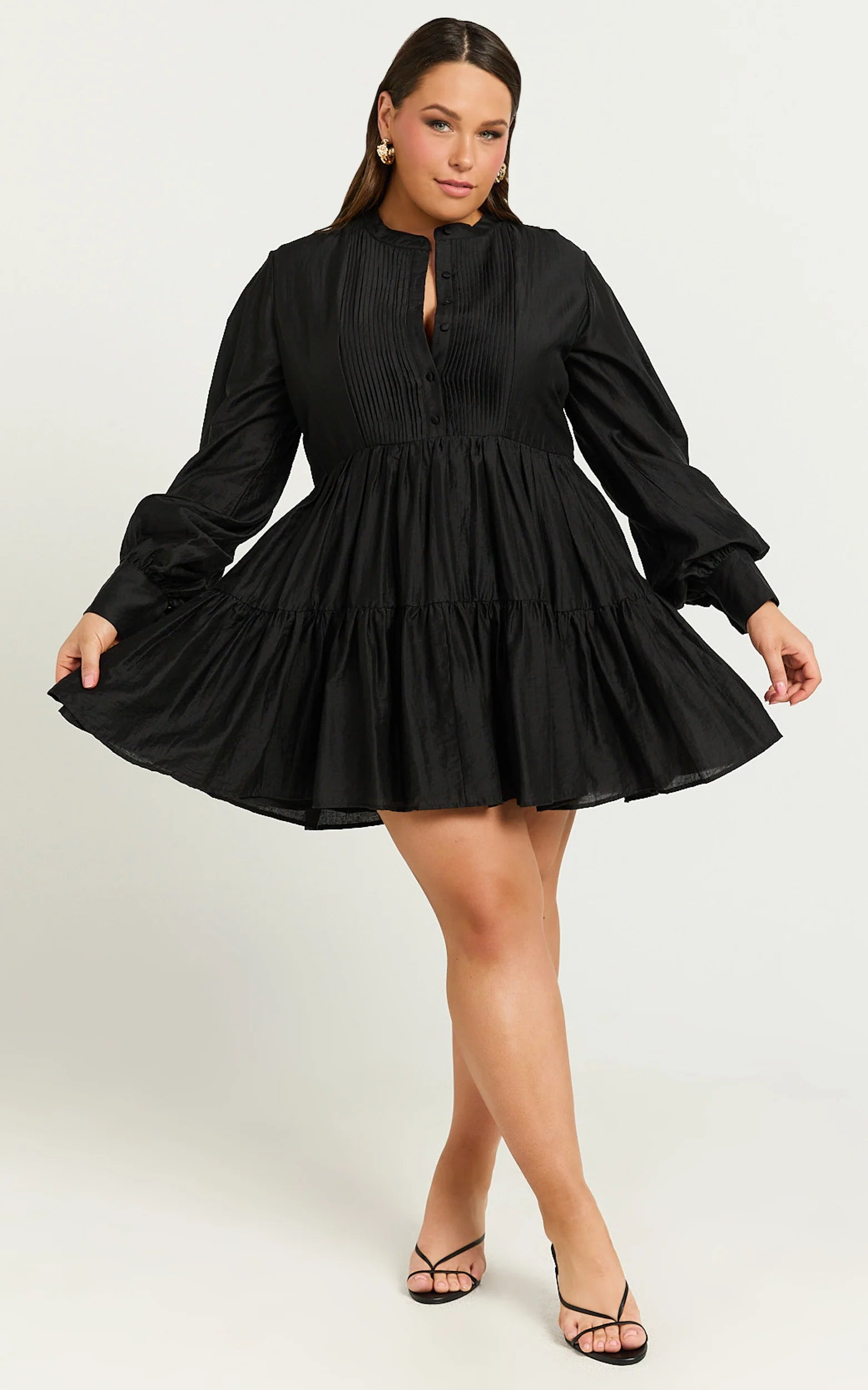 Pin Tuck Detail Tiered Shirt Dress in Black