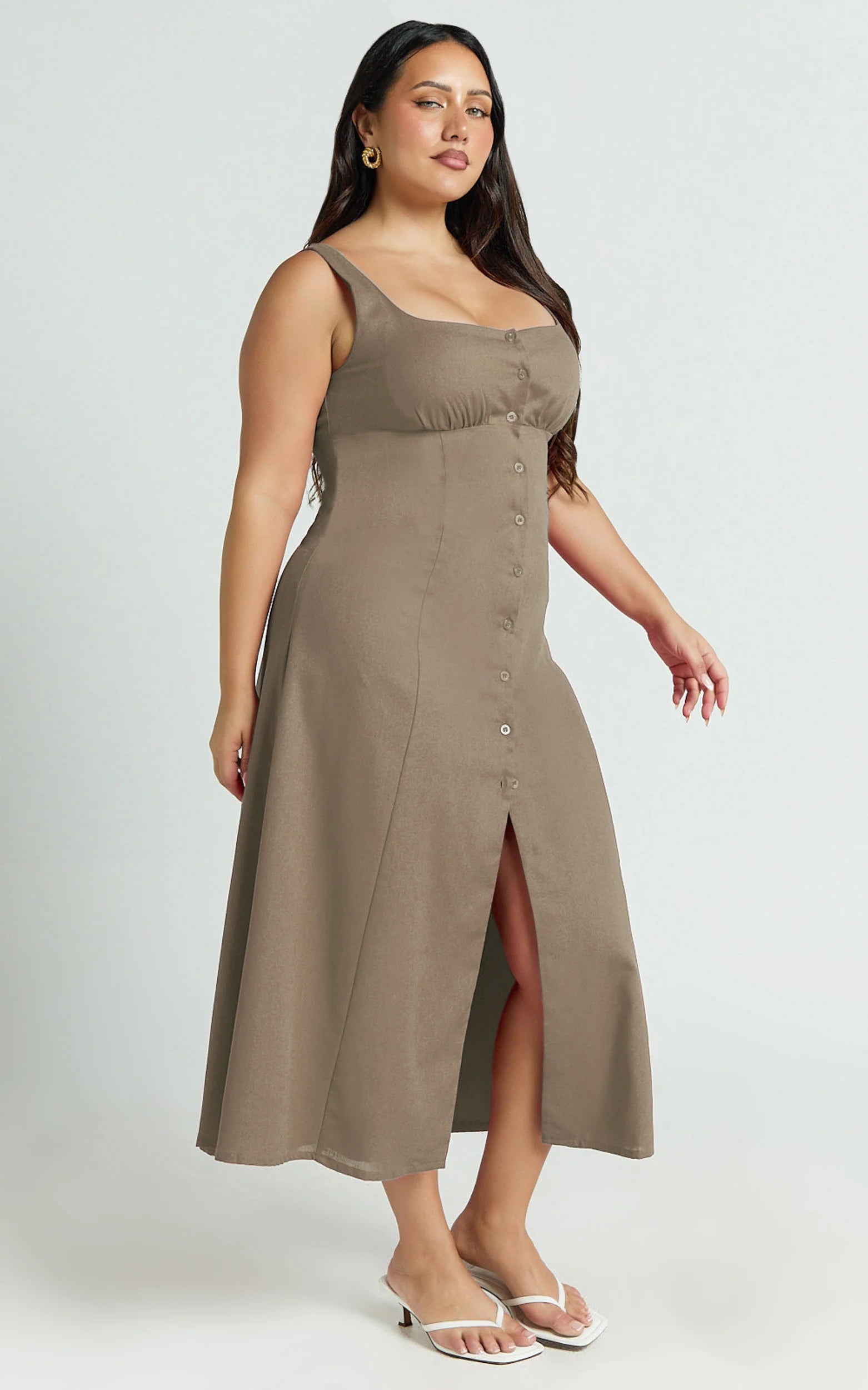 Button Front Tie Back Dress in Mocha